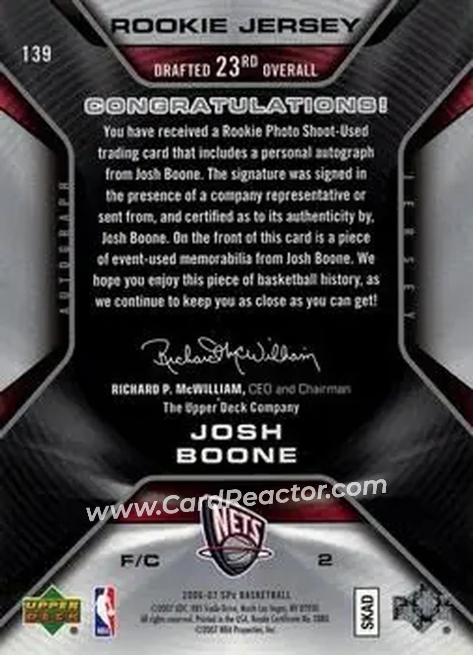 2006-07 SPx #139 - Josh Boone - New Jersey Nets - Back