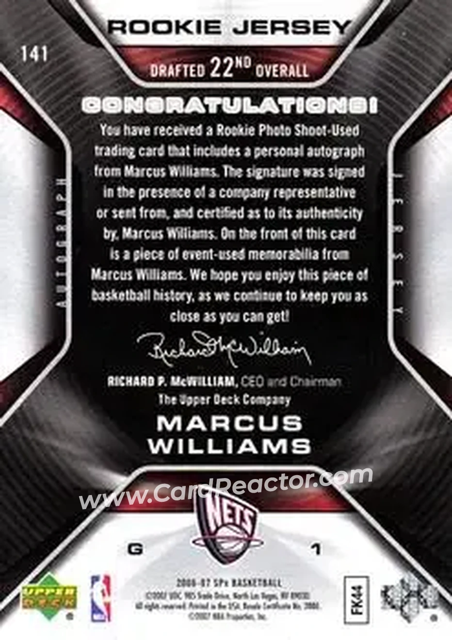 2006-07 SPx #141 - Marcus Williams - New Jersey Nets - Back 2006-07 SPx #141 - Marcus Williams - New Jersey Nets - Back