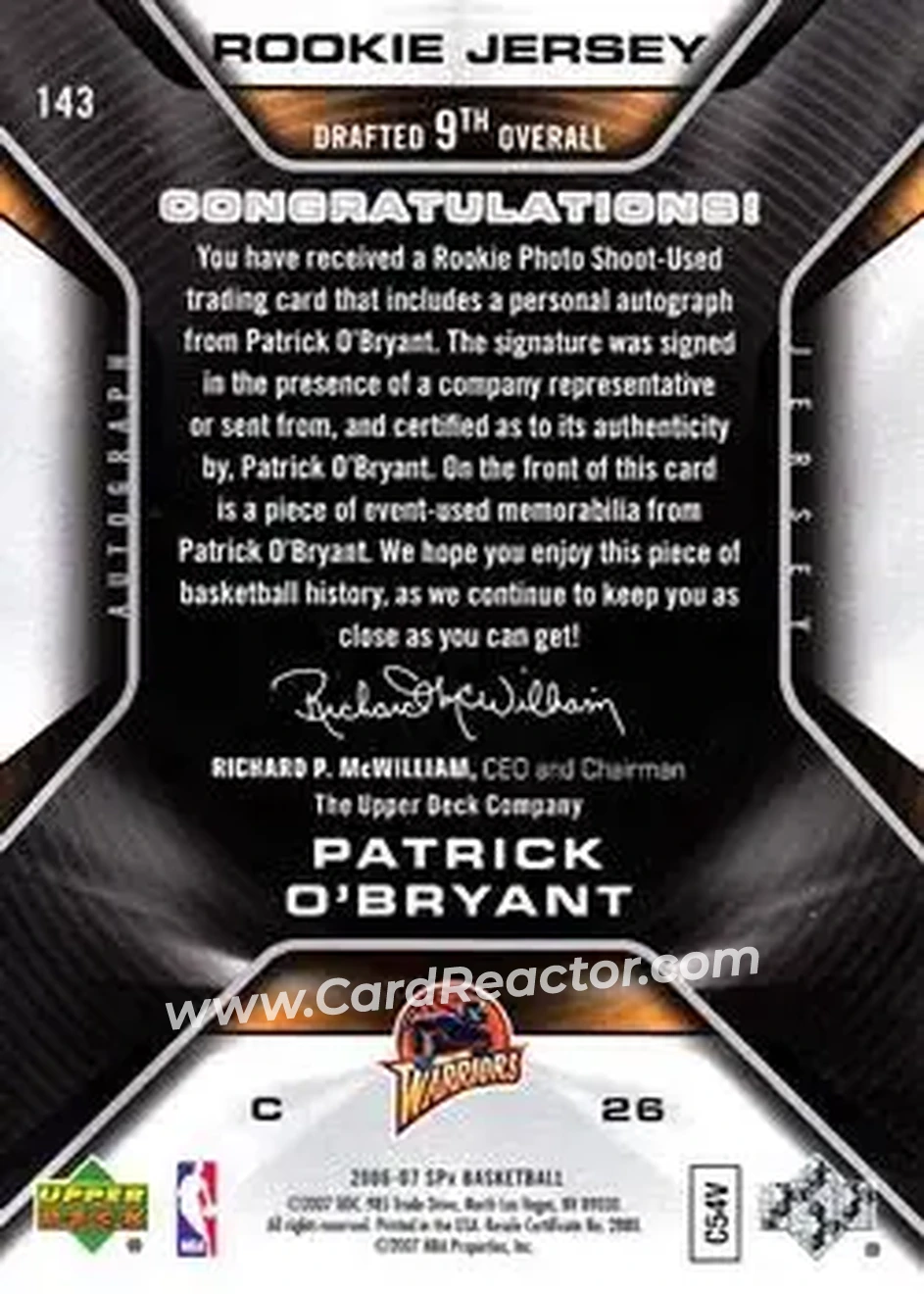 2006-07 SPx #143 - Patrick O'Bryant - Golden State Warriors - Back