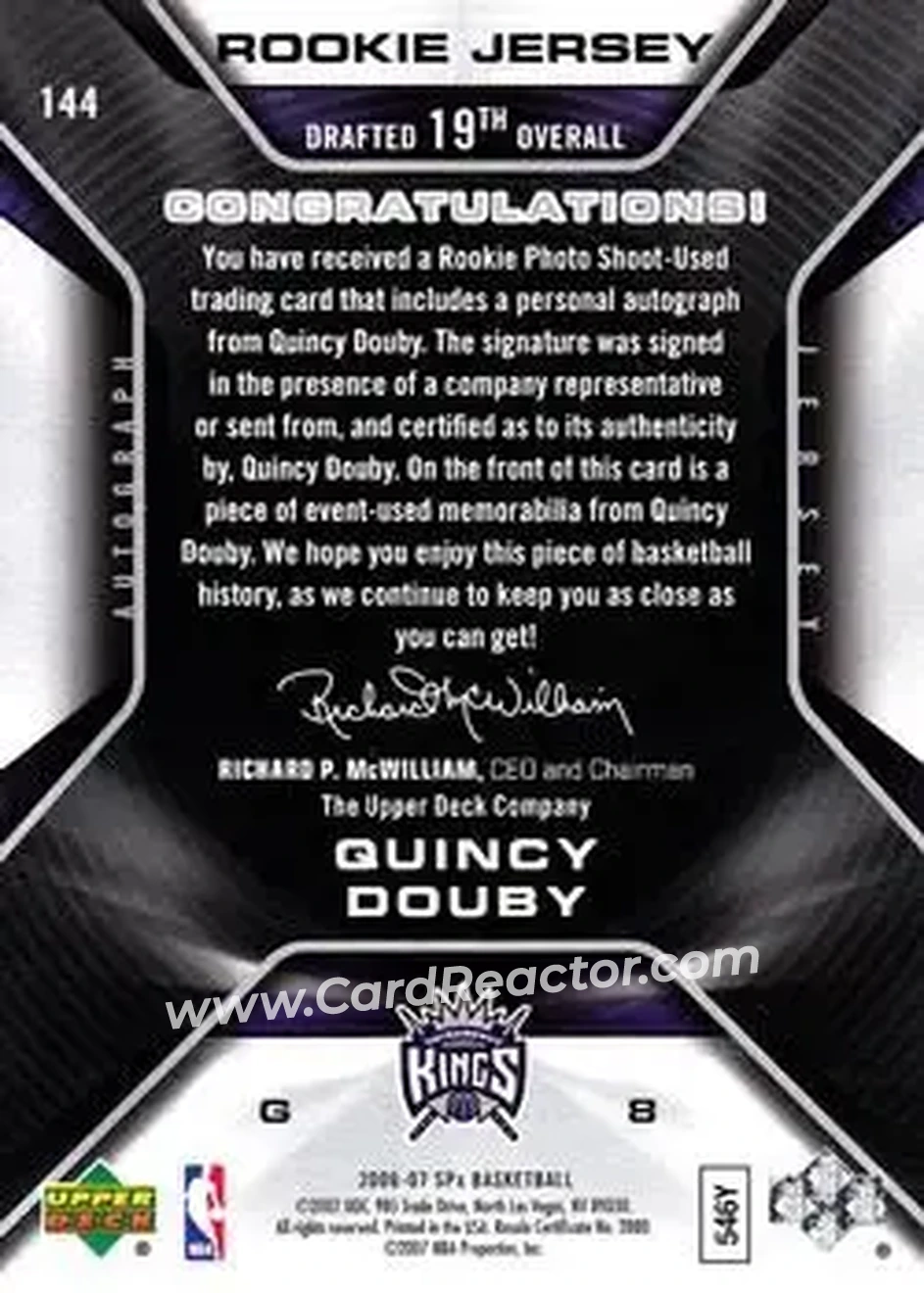 2006-07 SPx #144 - Quincy Douby - Sacramento Kings - Back