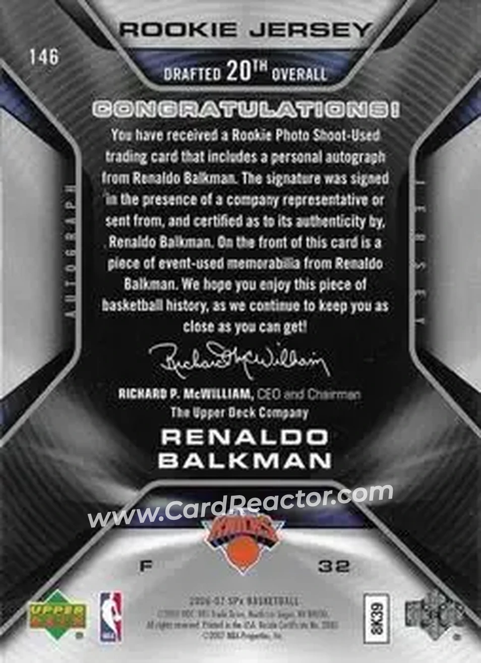 2006-07 SPx #146 - Renaldo Balkman - New York Knicks - Back