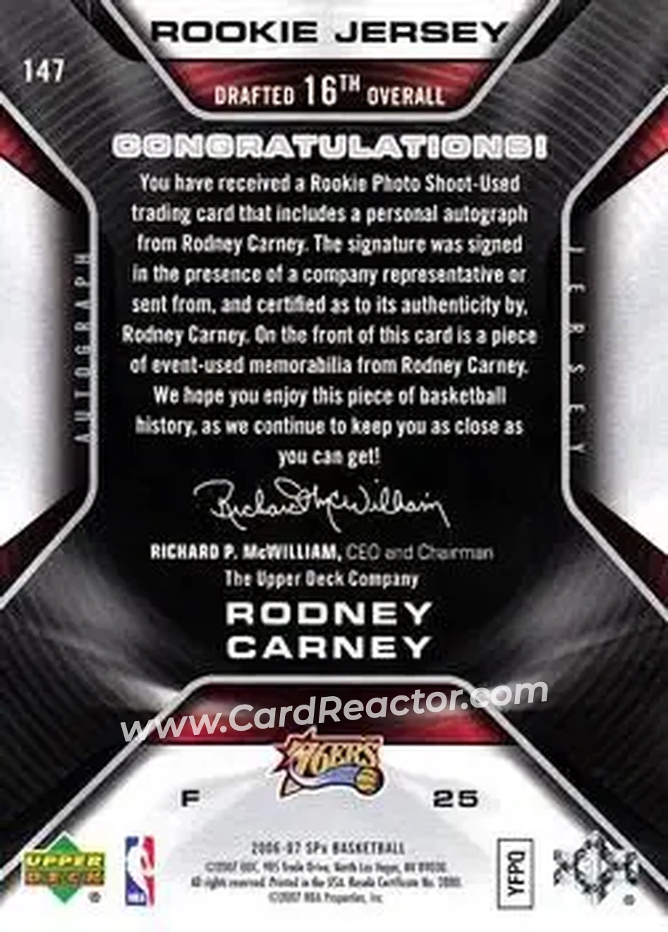 2006-07 SPx #147 - Rodney Carney - Philadelphia 76ers - Back