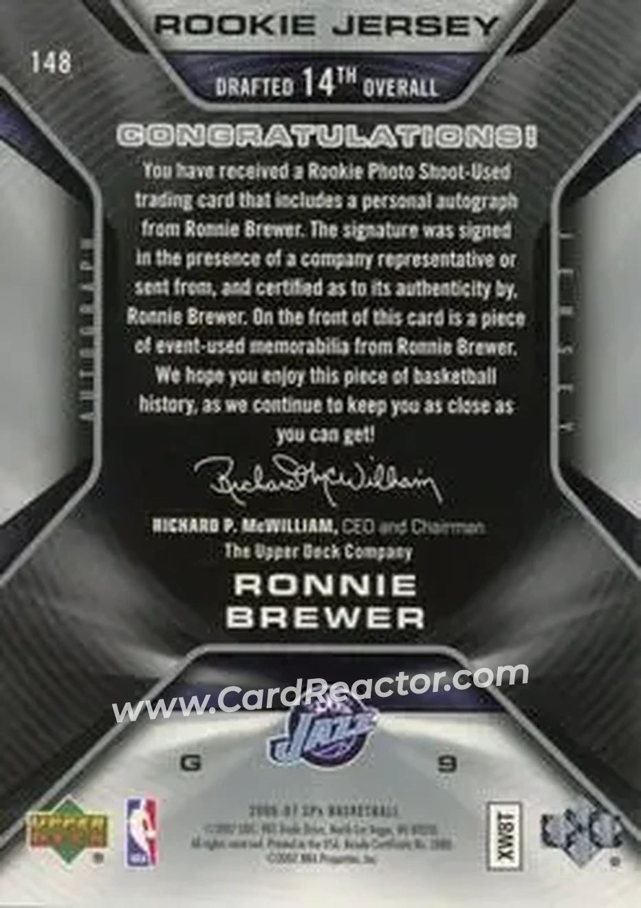 2006-07 SPx #148 - Ronnie Brewer - Utah Jazz - Back