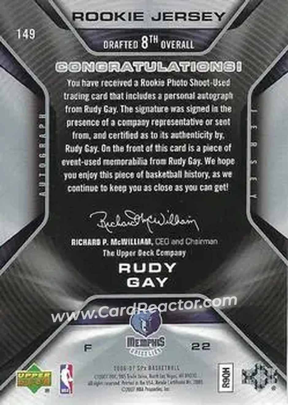 2006-07 SPx #149 - Rudy Gay - Memphis Grizzlies - Back