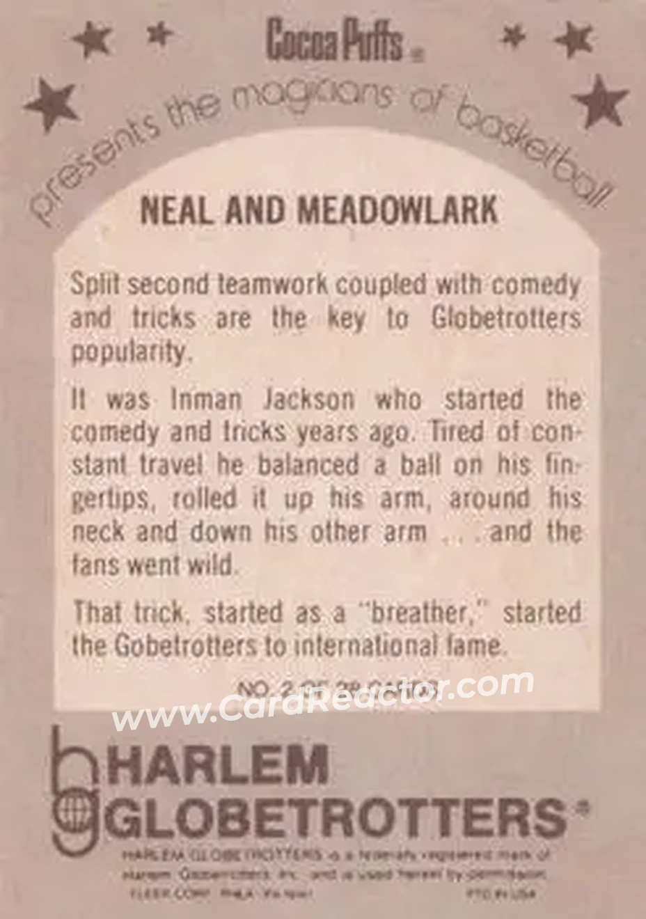 1971 Fleer Cocoa Puffs Harlem Globetrotters #2 - Curly Neal - Meadowlark Lemon - Harlem Globetrotters - Harlem Globetrotters - Back 1971 Fleer Cocoa Puffs Harlem Globetrotters #2 - Curly Neal - Meadowlark Lemon - Harlem Globetrotters - Harlem Globetrotters - Back