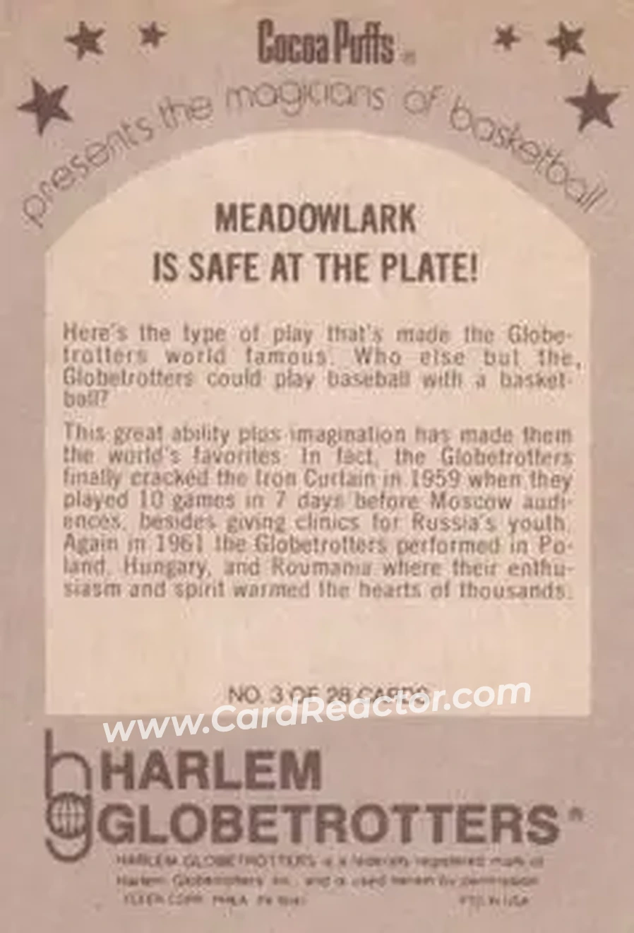 1971 Fleer Cocoa Puffs Harlem Globetrotters #3 - Meadowlark Lemon - Harlem Globetrotters - Back 1971 Fleer Cocoa Puffs Harlem Globetrotters #3 - Meadowlark Lemon - Harlem Globetrotters - Back