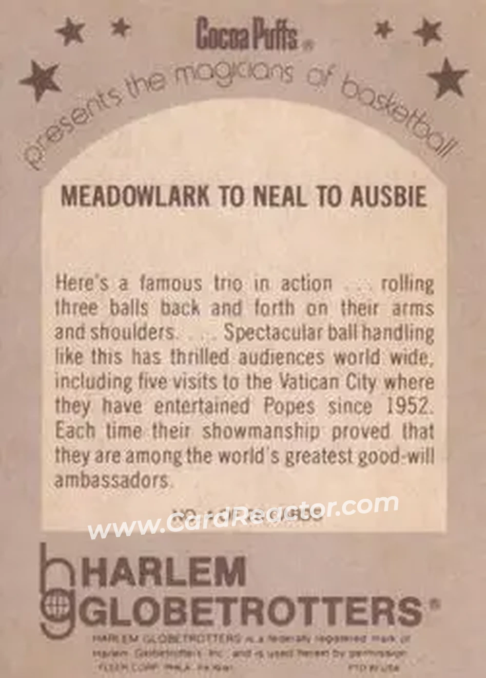 1971 Fleer Cocoa Puffs Harlem Globetrotters #4 - Meadowlark Lemon - Curly Neal - Geese Ausbie - Harlem Globetrotters - Harlem Globetrotters - Back 1971 Fleer Cocoa Puffs Harlem Globetrotters #4 - Meadowlark Lemon - Curly Neal - Geese Ausbie - Harlem Globetrotters - Harlem Globetrotters - Back