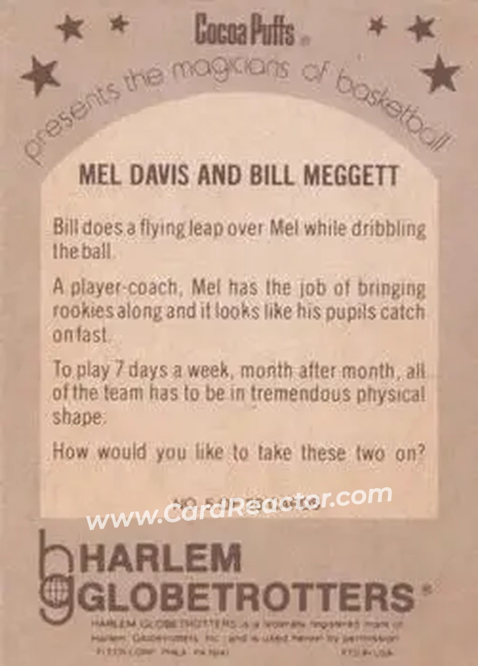 1971 Fleer Cocoa Puffs Harlem Globetrotters #5 - Mel Davis - Bill Meggett - Harlem Globetrotters - Harlem Globetrotters - Back 1971 Fleer Cocoa Puffs Harlem Globetrotters #5 - Mel Davis - Bill Meggett - Harlem Globetrotters - Harlem Globetrotters - Back