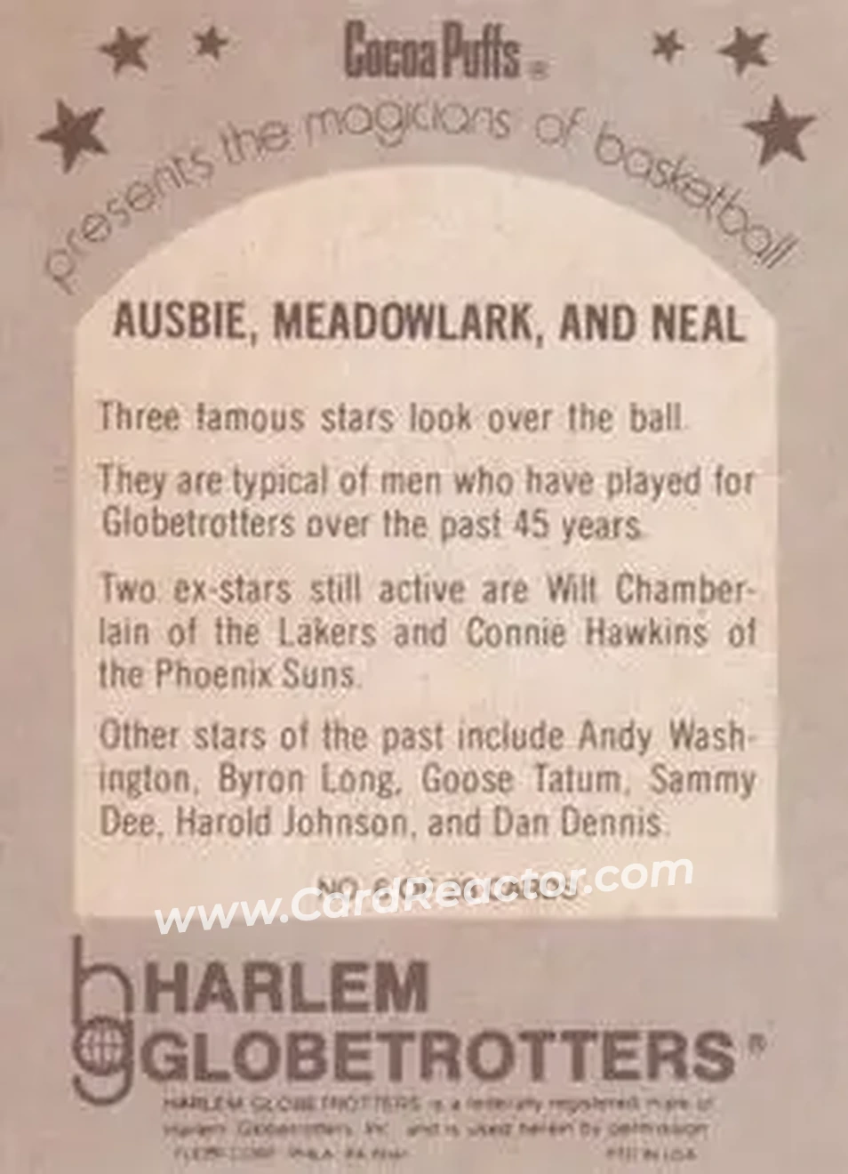 1971 Fleer Cocoa Puffs Harlem Globetrotters #6 - Geese Ausbie - Meadowlark Lemon - Curly Neal - Harlem Globetrotters - Harlem Globetrotters - Back 1971 Fleer Cocoa Puffs Harlem Globetrotters #6 - Geese Ausbie - Meadowlark Lemon - Curly Neal - Harlem Globetrotters - Harlem Globetrotters - Back