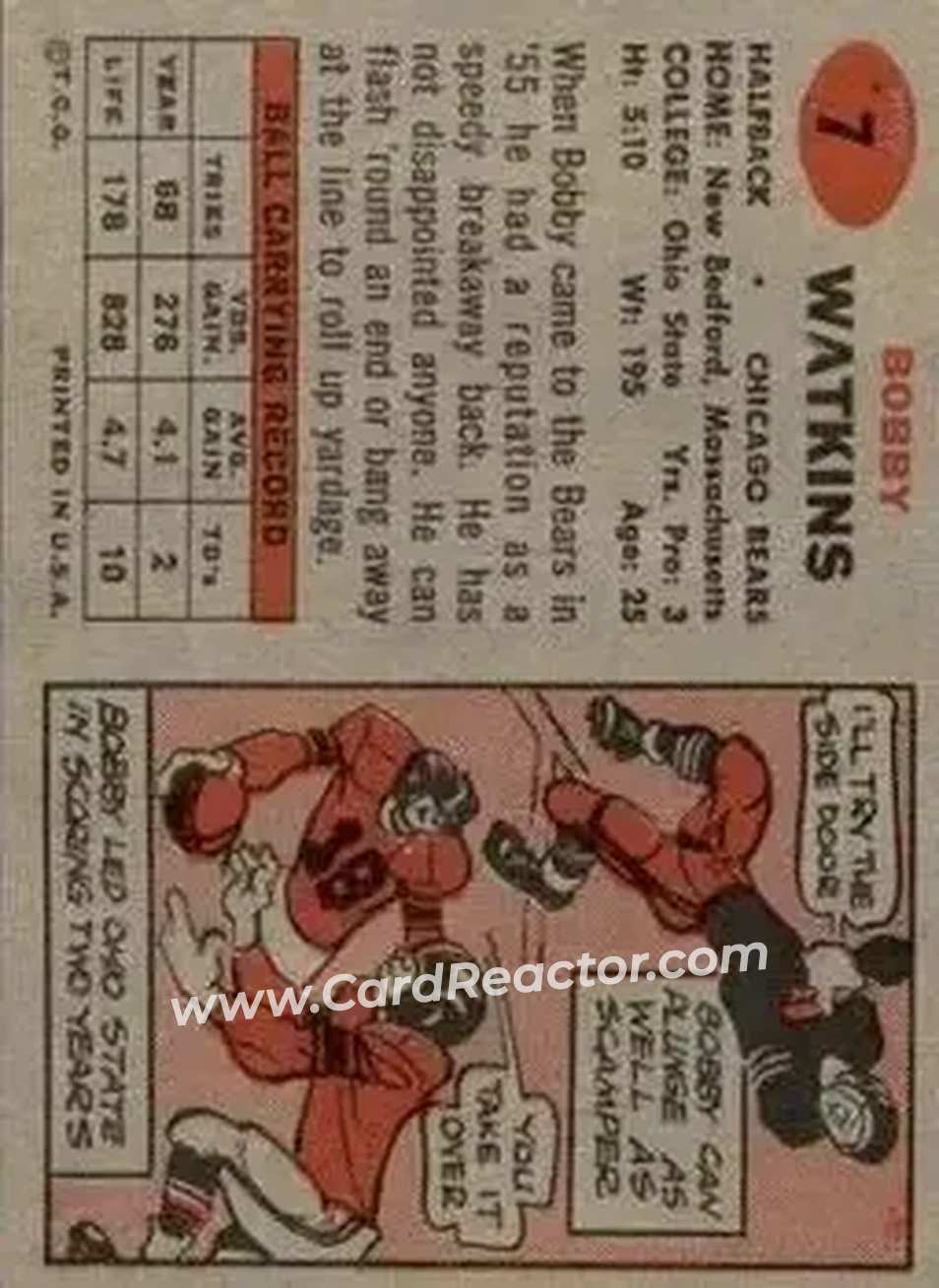1957 Topps #7 - Bobby Watkins - Chicago Bears - Back