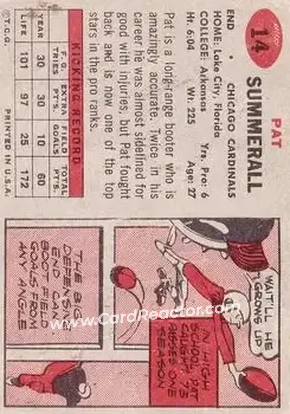 1957 Topps #14 - Pat Summerall - Chicago Cardinals - Back