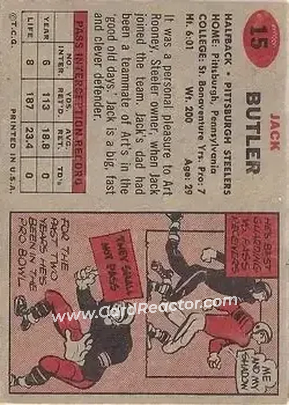 1957 Topps #15 - Jack Butler - Pittsburgh Steelers - Back