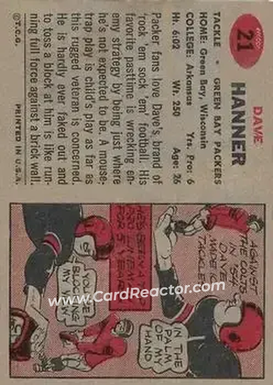 1957 Topps #21 - Dave Hanner - Green Bay Packers - Back