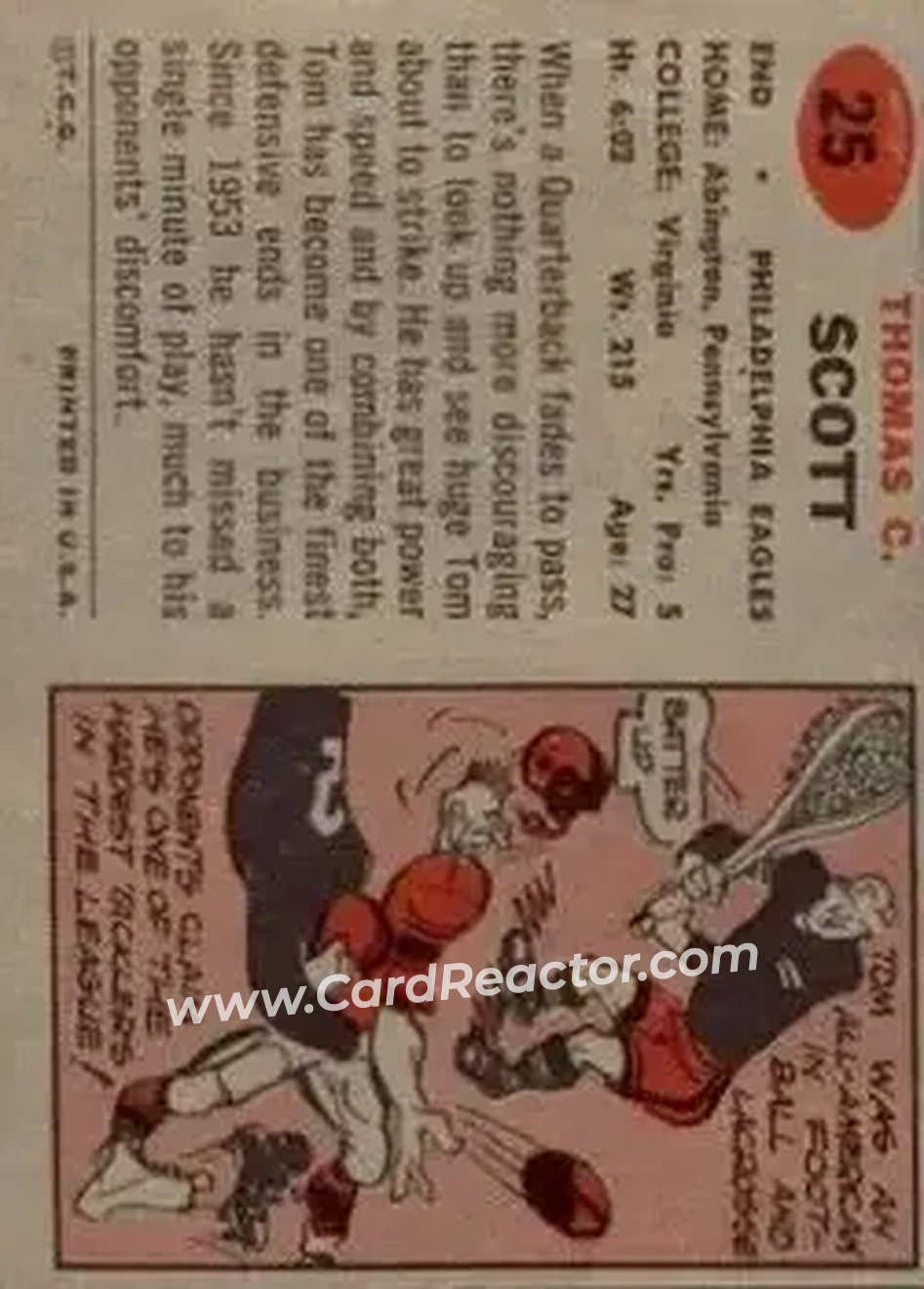 1957 Topps #25 - Tom Scott - Philadelphia Eagles - Back