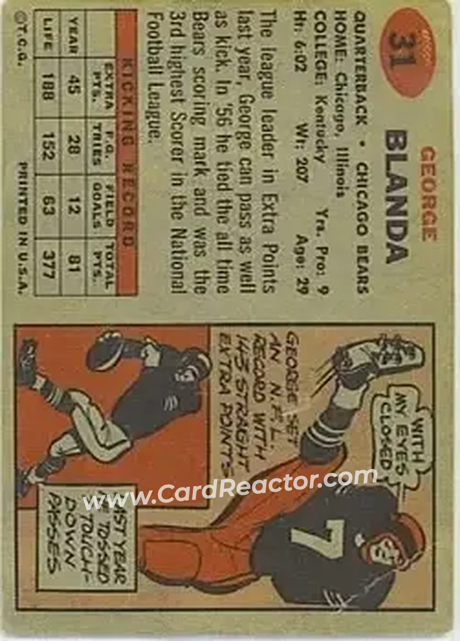 1957 Topps #31 - George Blanda - Chicago Bears - Back