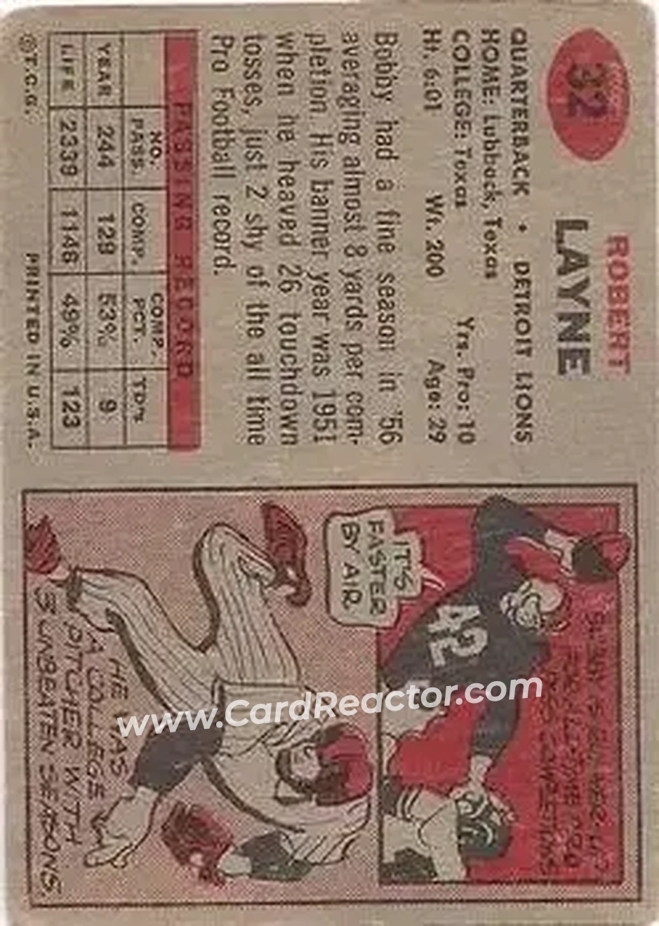 1957 Topps #32 - Bobby Layne - Detroit Lions - Back