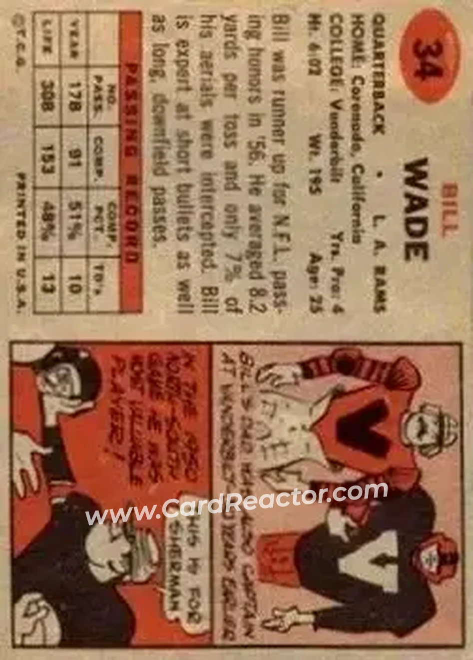 1957 Topps #34 - Bill Wade - Los Angeles Rams - Back