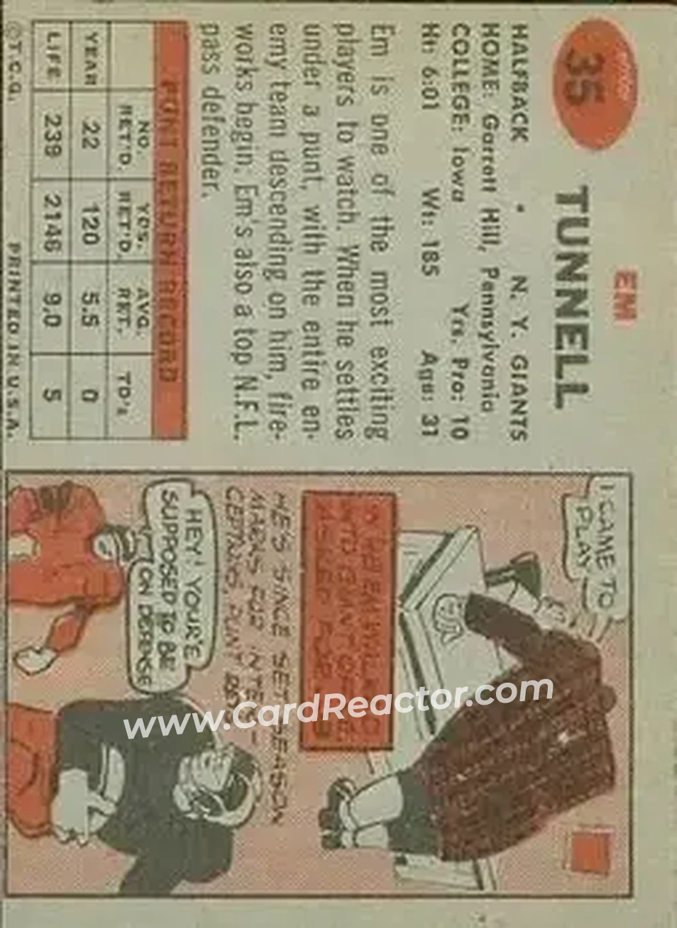 1957 Topps #35 - Em Tunnell - New York Giants - Back