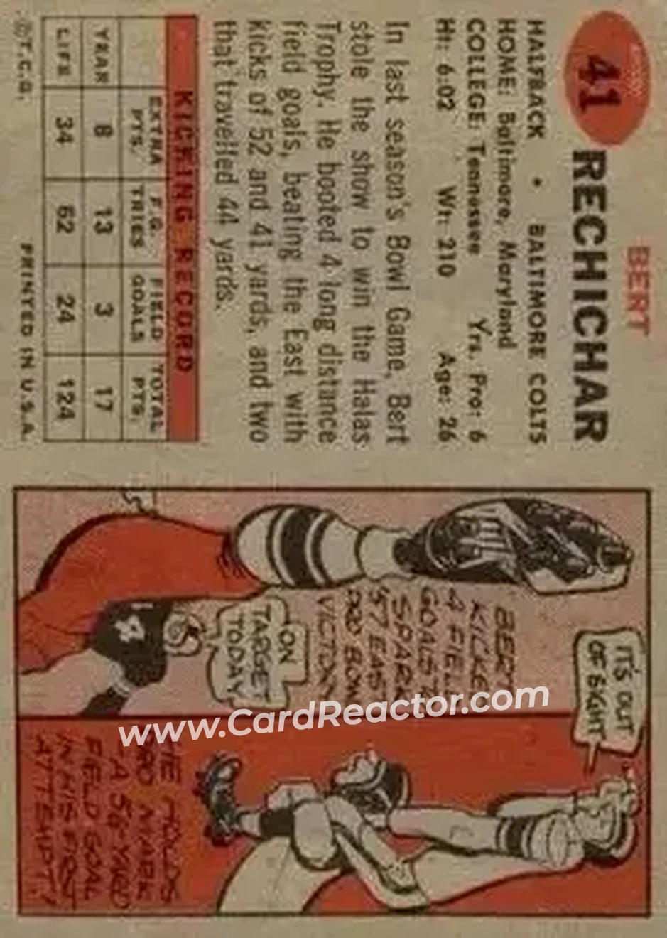 1957 Topps #41 - Bert Rechichar - Baltimore Colts - Back