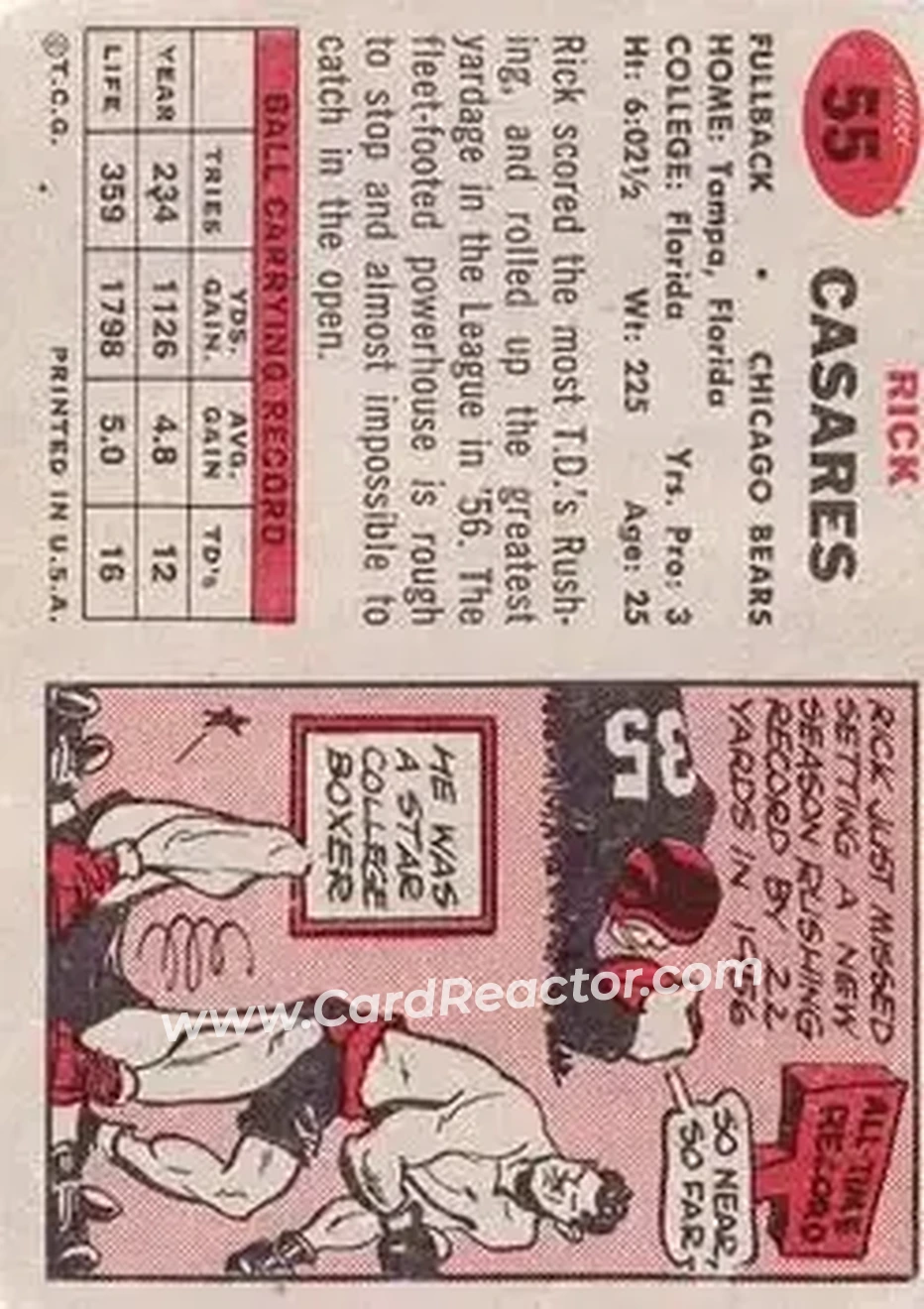 1957 Topps #55 - Rick Casares - Chicago Bears - Back