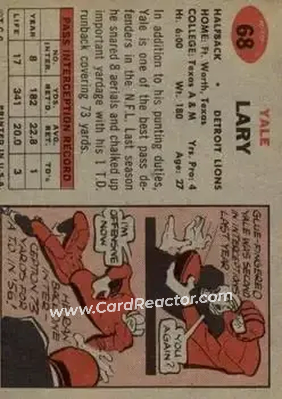 1957 Topps #68 - Yale Lary - Detroit Lions - Back