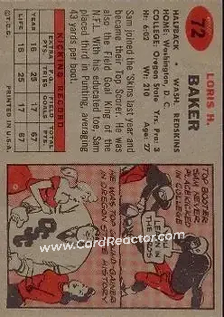 1957 Topps #72 - Sam Baker - Washington Redskins - Back