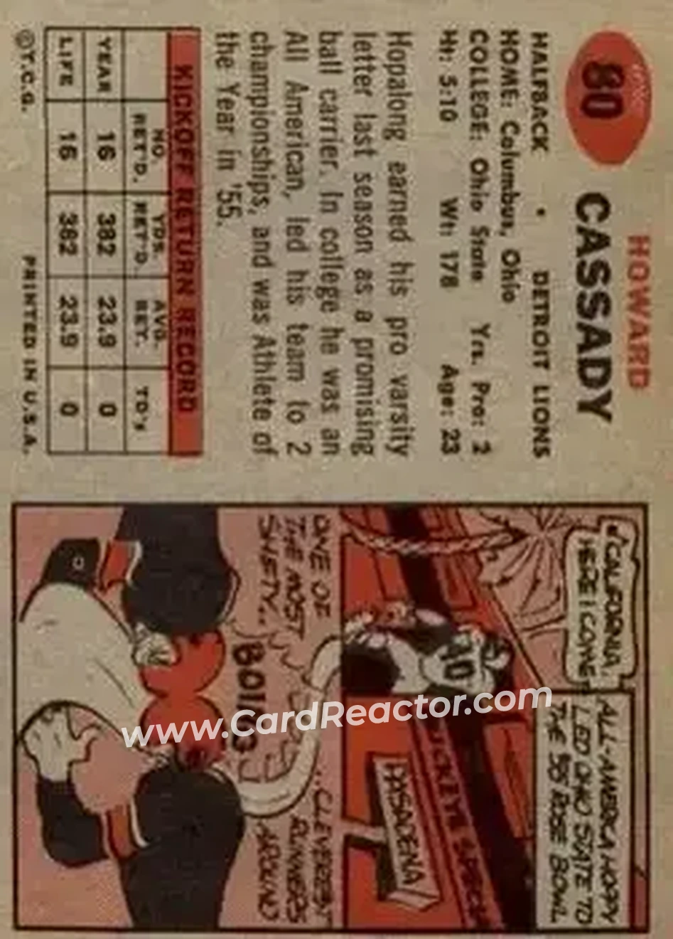 1957 Topps #80 - Howard Cassady - Detroit Lions - Back