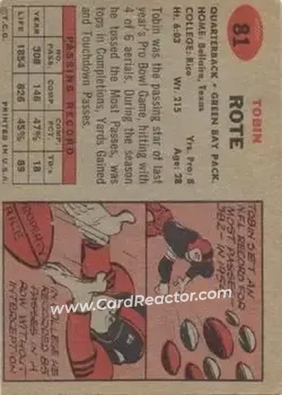 1957 Topps #81 - Tobin Rote - Green Bay Packers - Back
