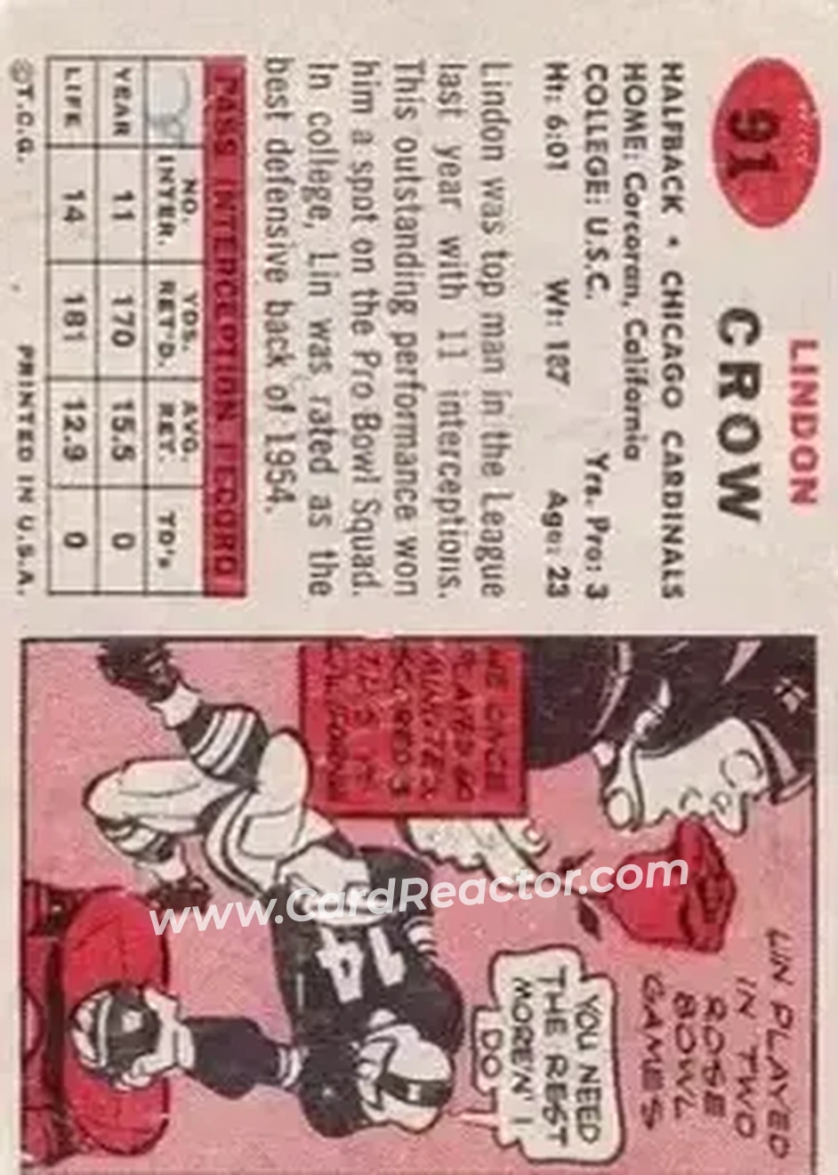 1957 Topps #91 - Lindon Crow - Chicago Cardinals - Back