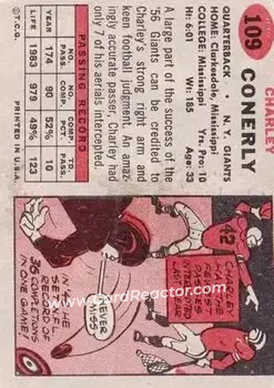 1957 Topps #109 - Charley Conerly - New York Giants - Back