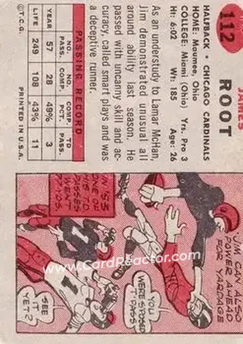 1957 Topps #112 - James Root - Chicago Cardinals - Back