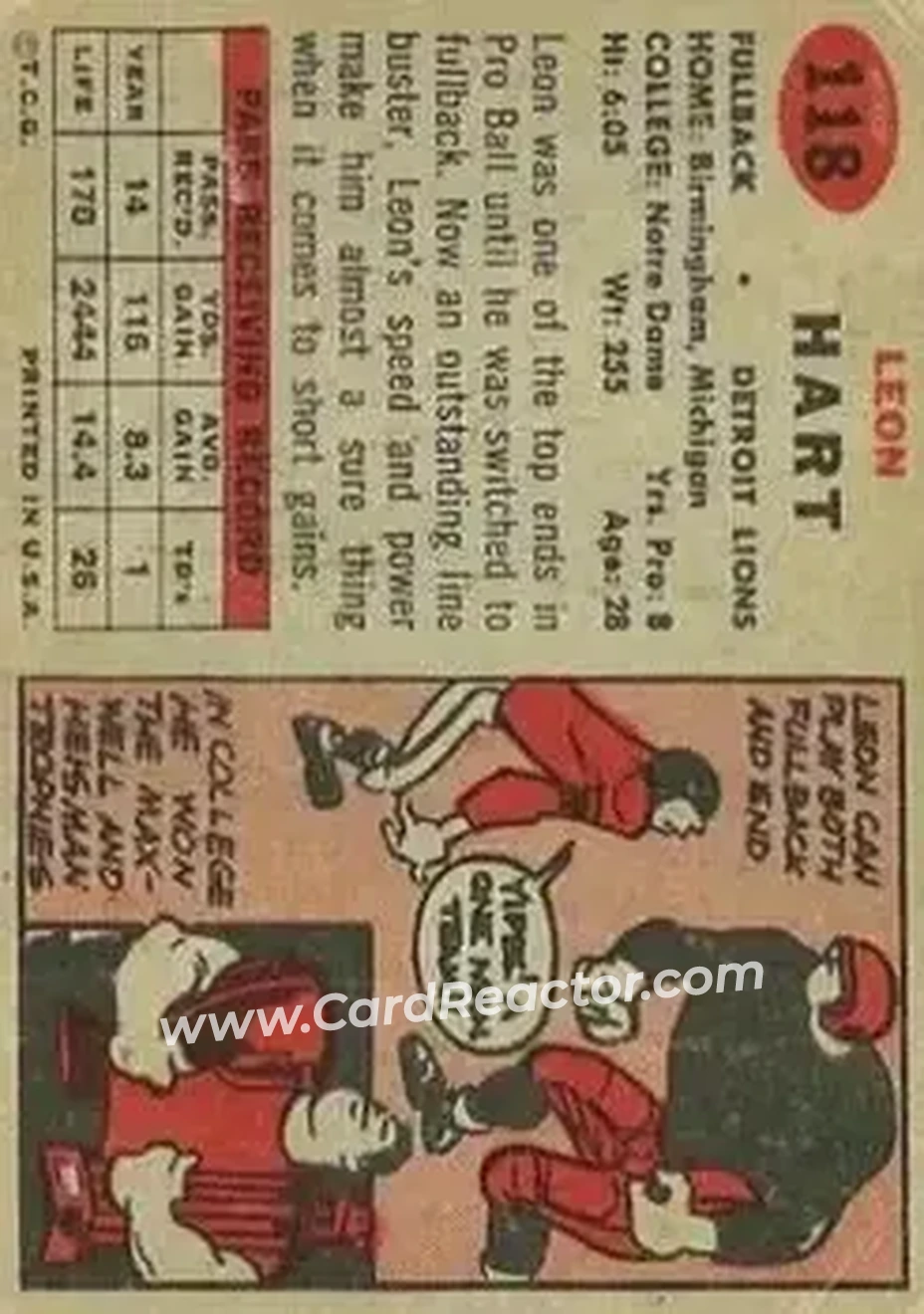 1957 Topps #118 - Leon Hart - Detroit Lions - Back
