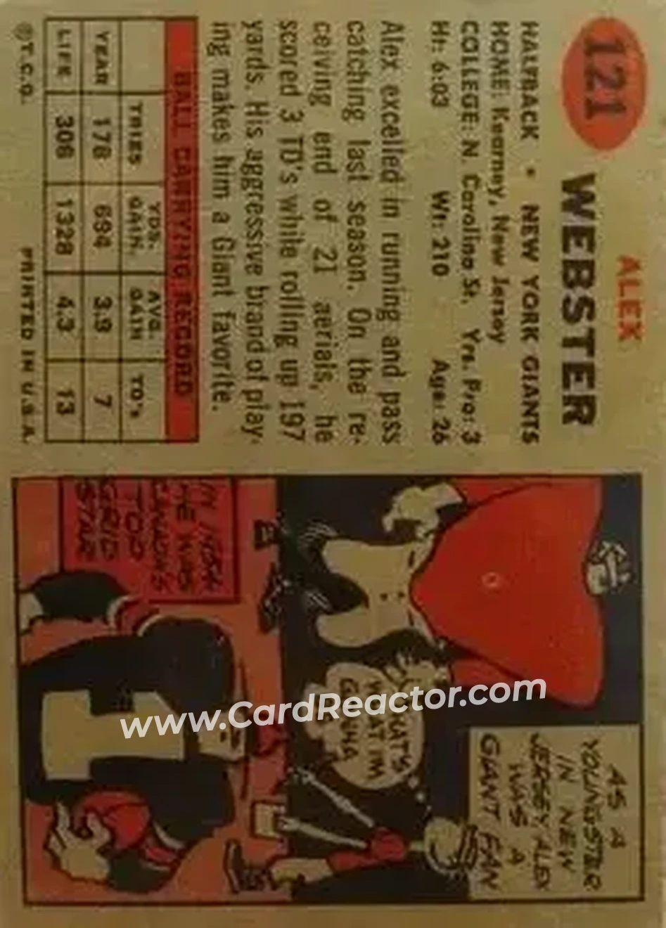 1957 Topps #121 - Alex Webster - New York Giants - Back