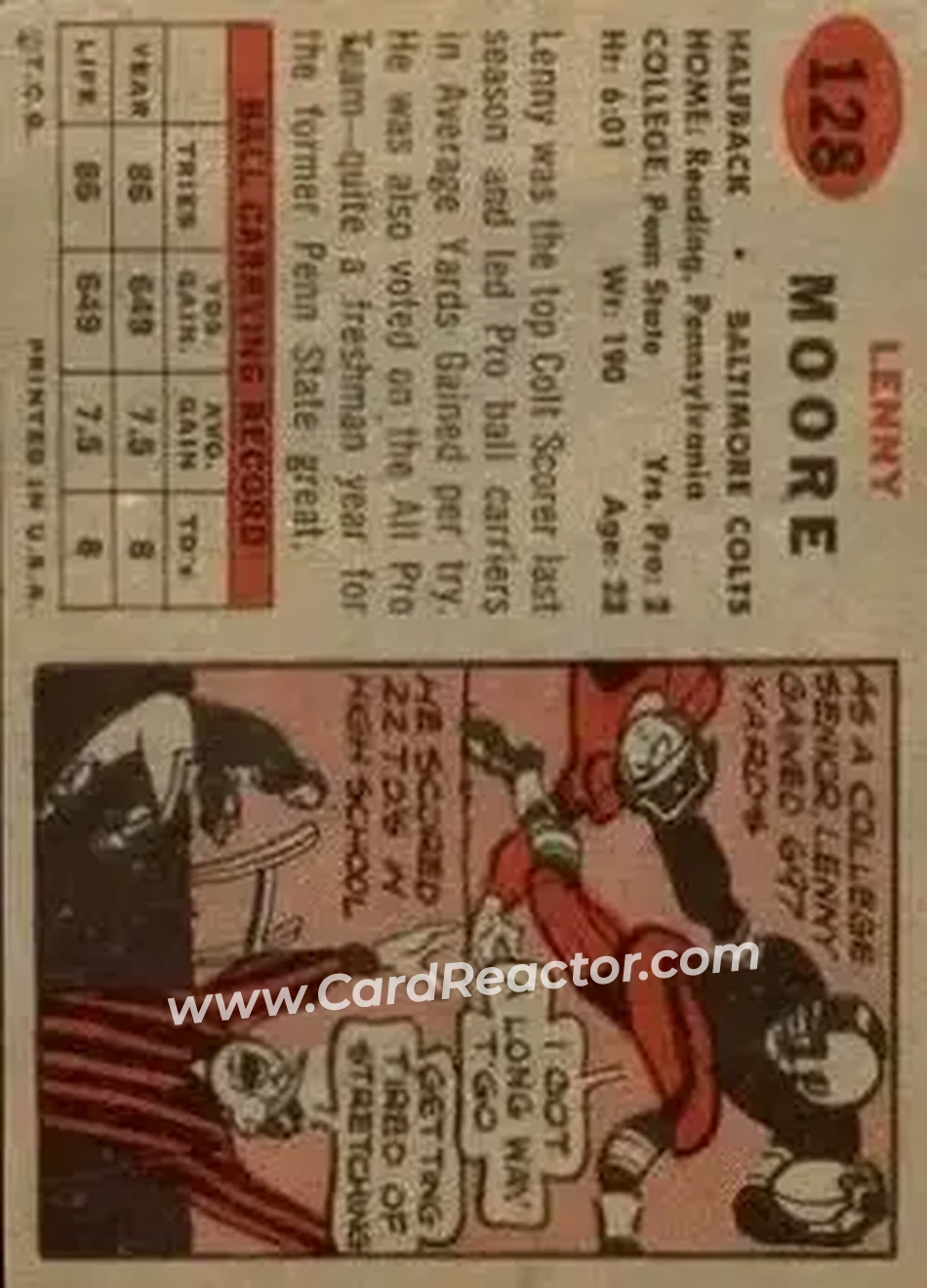 1957 Topps #128 - Lenny Moore - Baltimore Colts - Back