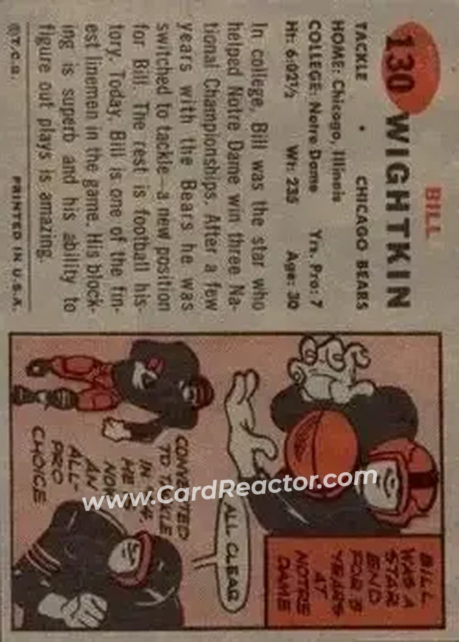 1957 Topps #130 - Bill Wightkin - Chicago Bears - Back