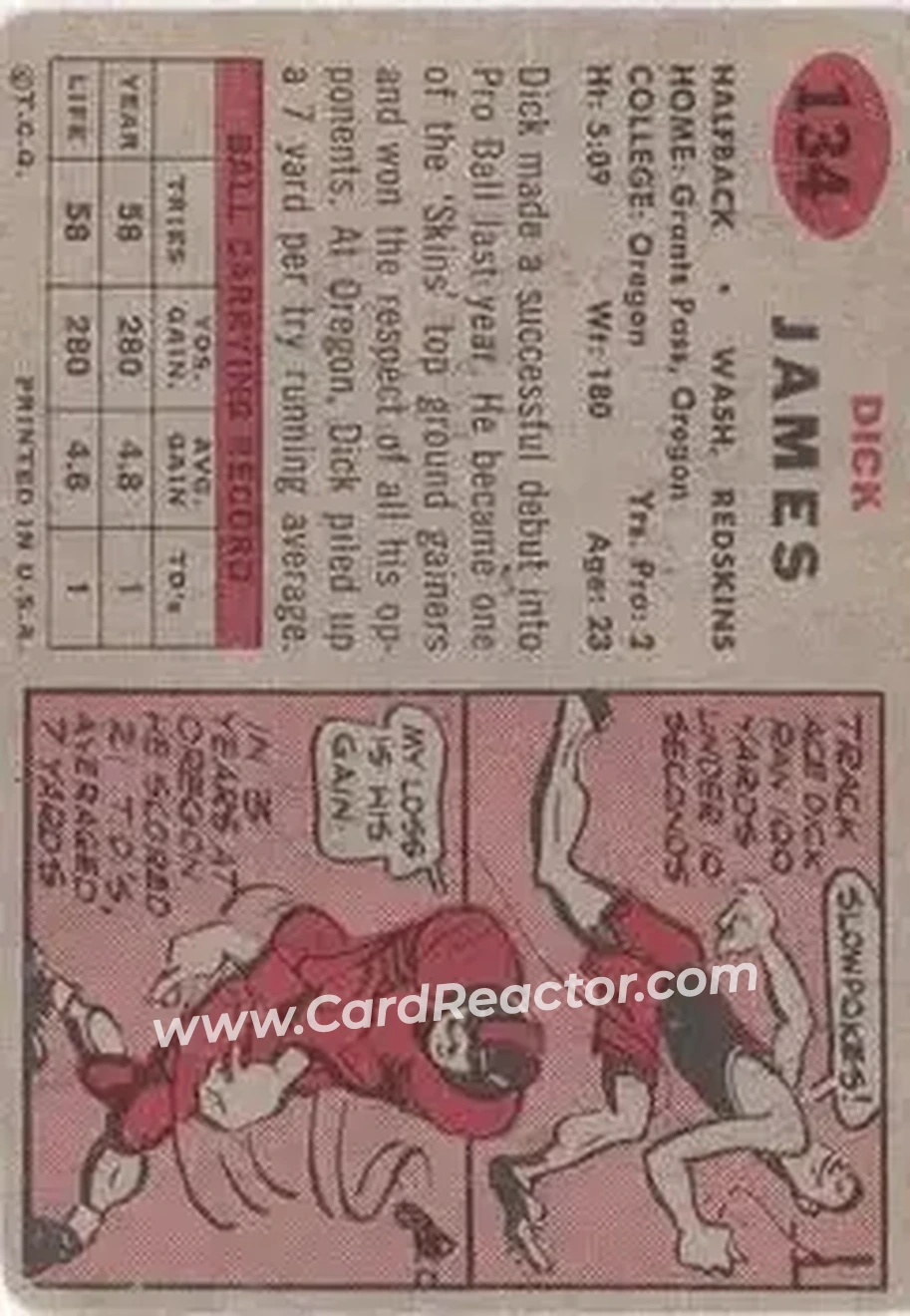 1957 Topps #134 - Dick James - Washington Redskins - Back