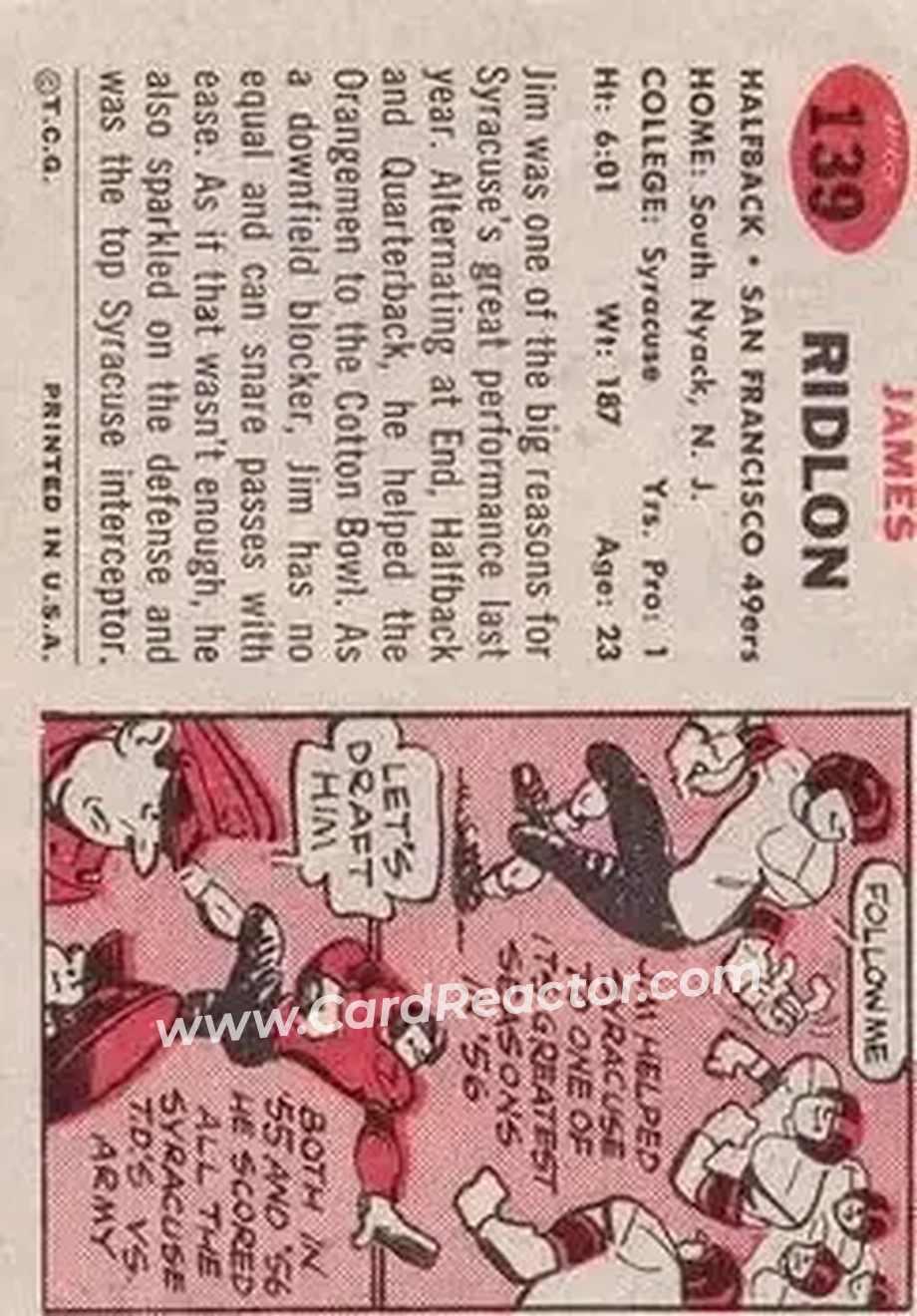 1957 Topps #139 - Jim Ridlon - San Francisco 49ers - Back