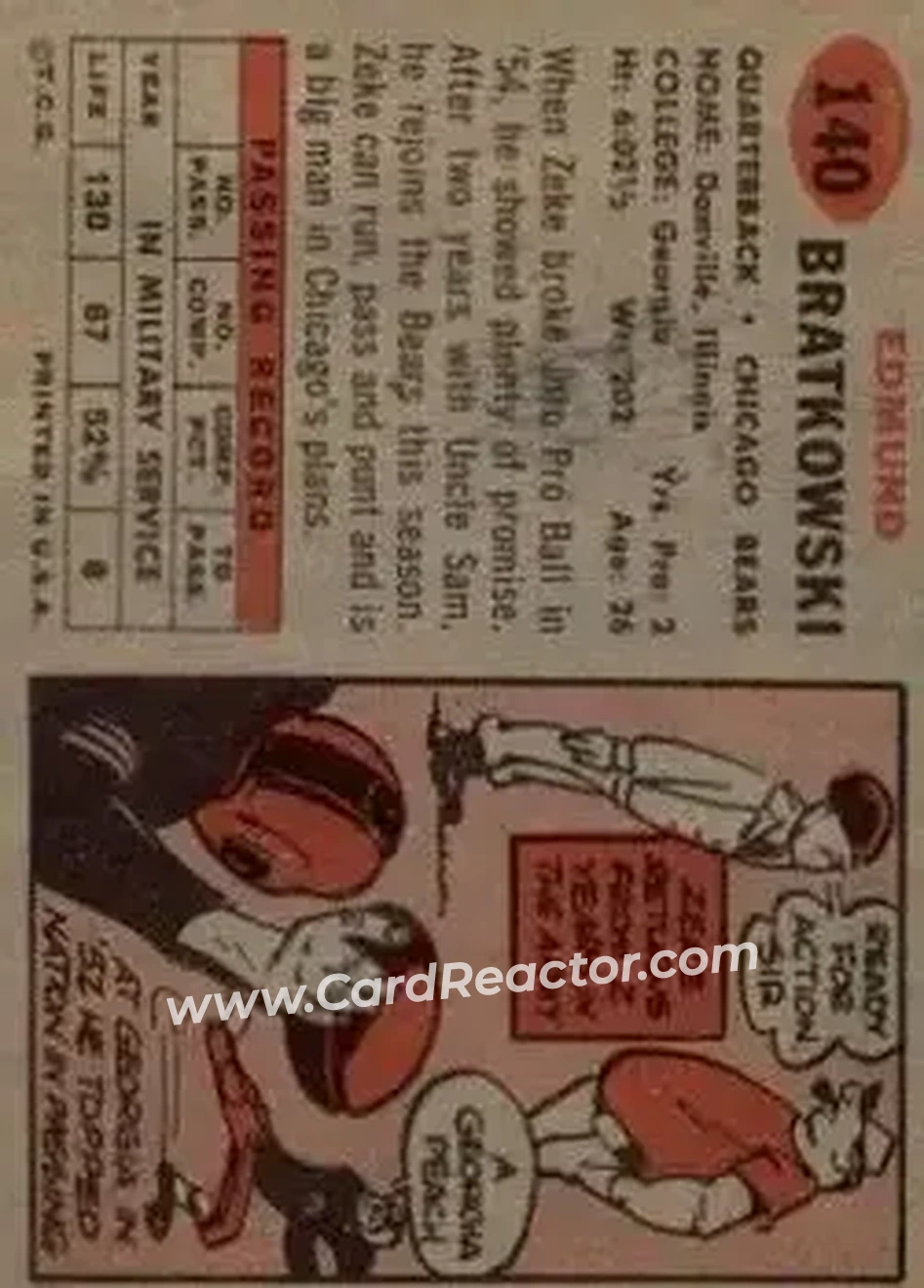 1957 Topps #140 - Zeke Bratkowski - Chicago Bears - Back