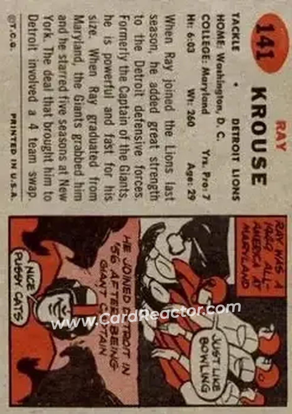 1957 Topps #141 - Ray Krouse - Detroit Lions - Back