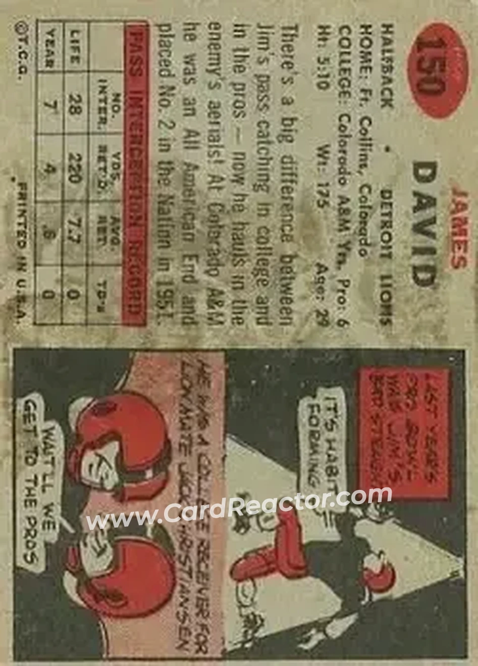 1957 Topps #150 - Jim David - Detroit Lions - Back