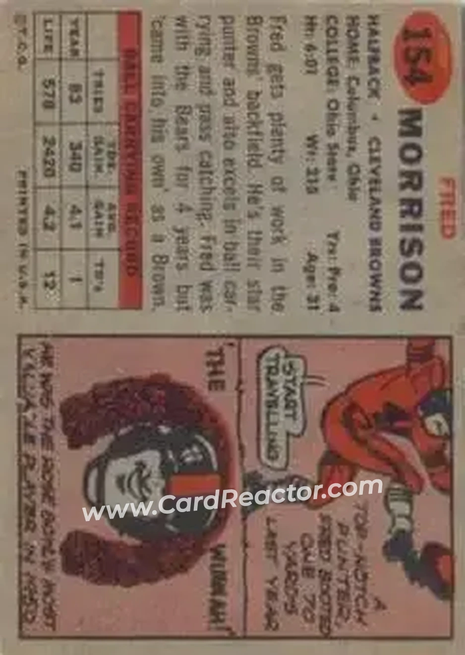 1957 Topps #154 - Fred Morrison - Cleveland Browns - Back
