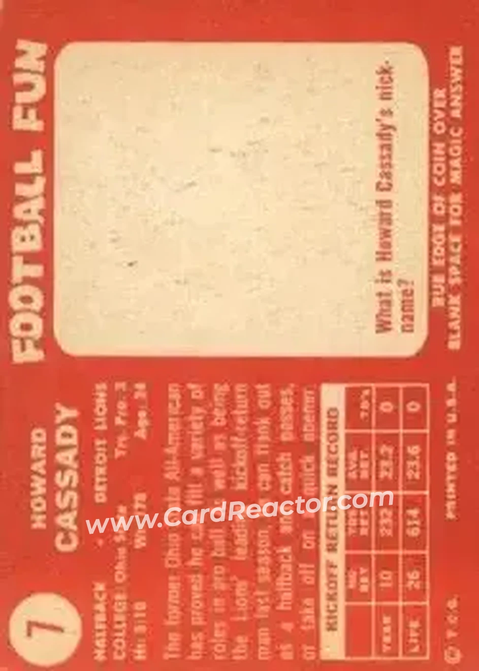 1958 Topps #7 - Howard Cassady - Detroit Lions - Back