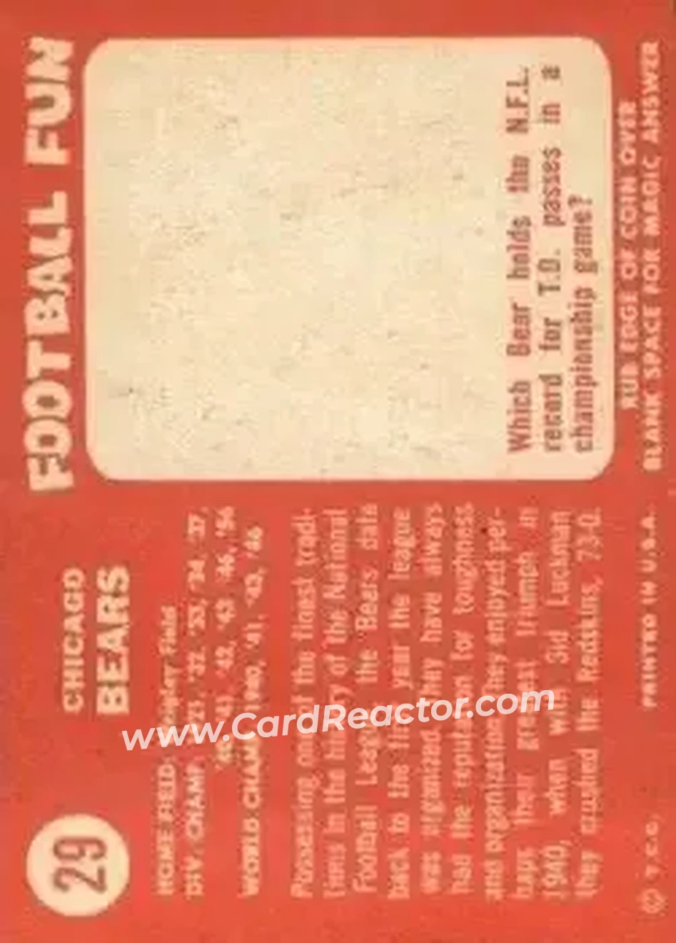 1958 Topps #29 - Card #29 - Chicago Bears - Back