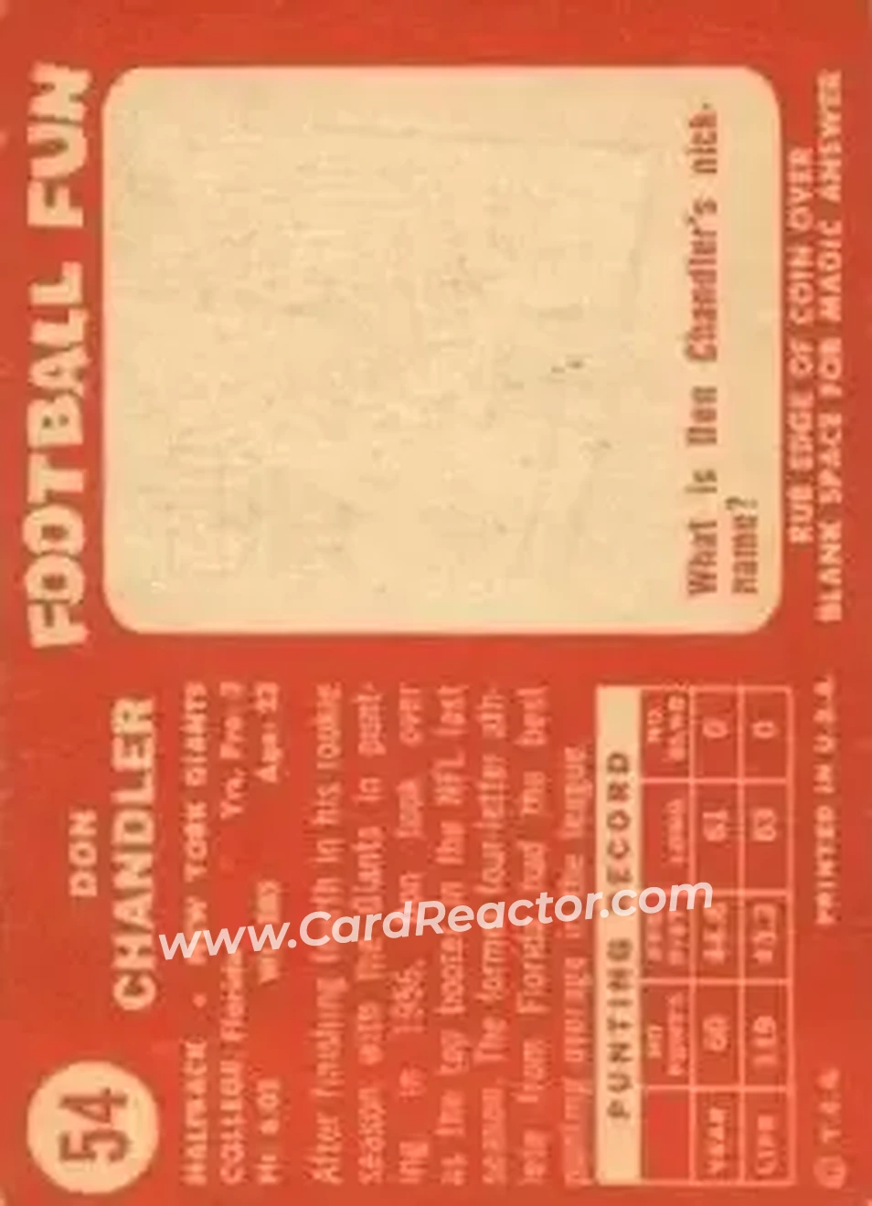 1958 Topps #54 - Don Chandler - New York Giants - Back