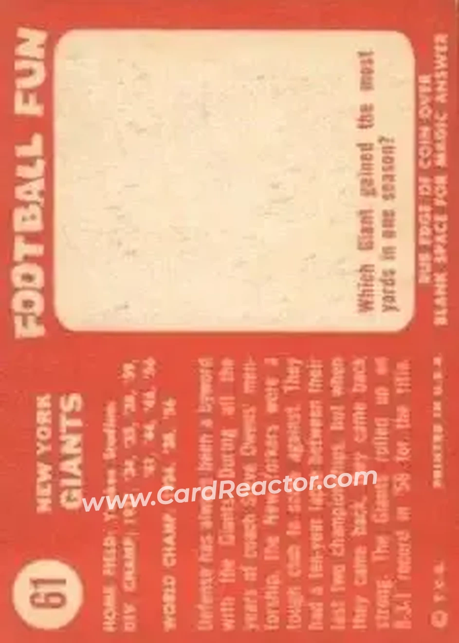 1958 Topps #61 - Card #61 - New York Giants - Back