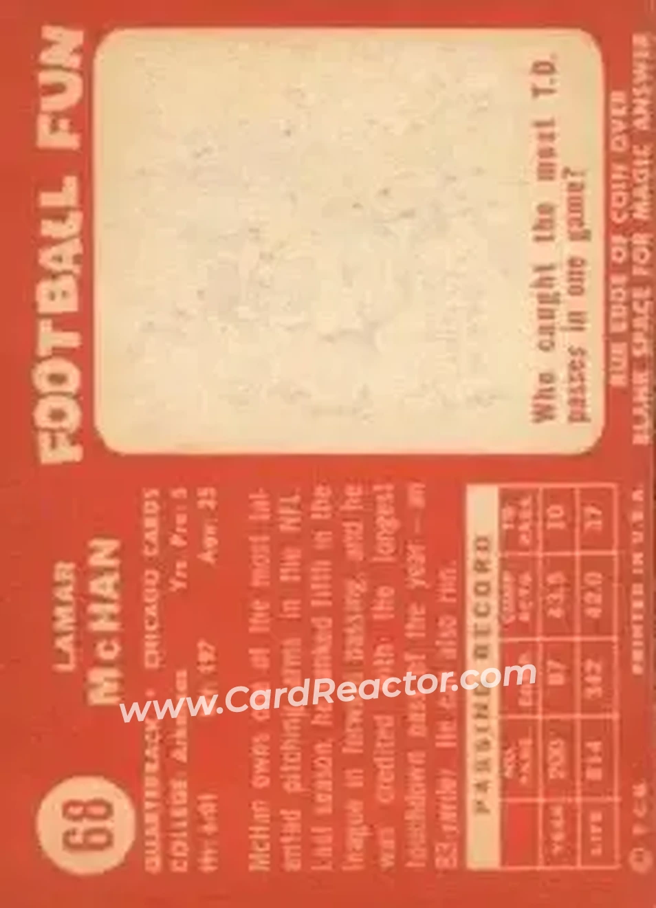 1958 Topps #68 - Lamar McHan - Chicago Cardinals - Back