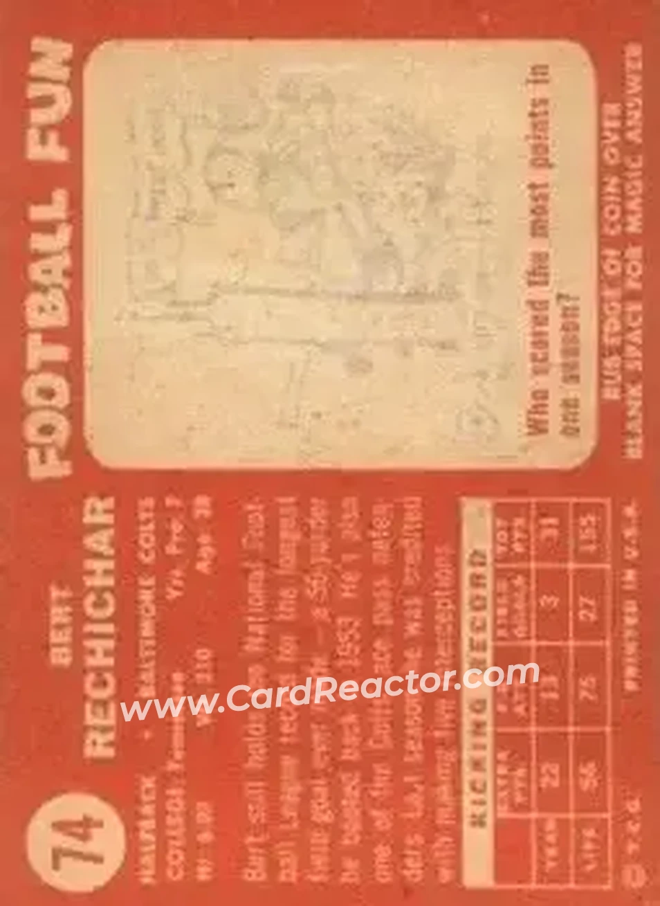 1958 Topps #74 - Bert Rechichar - Baltimore Colts - Back