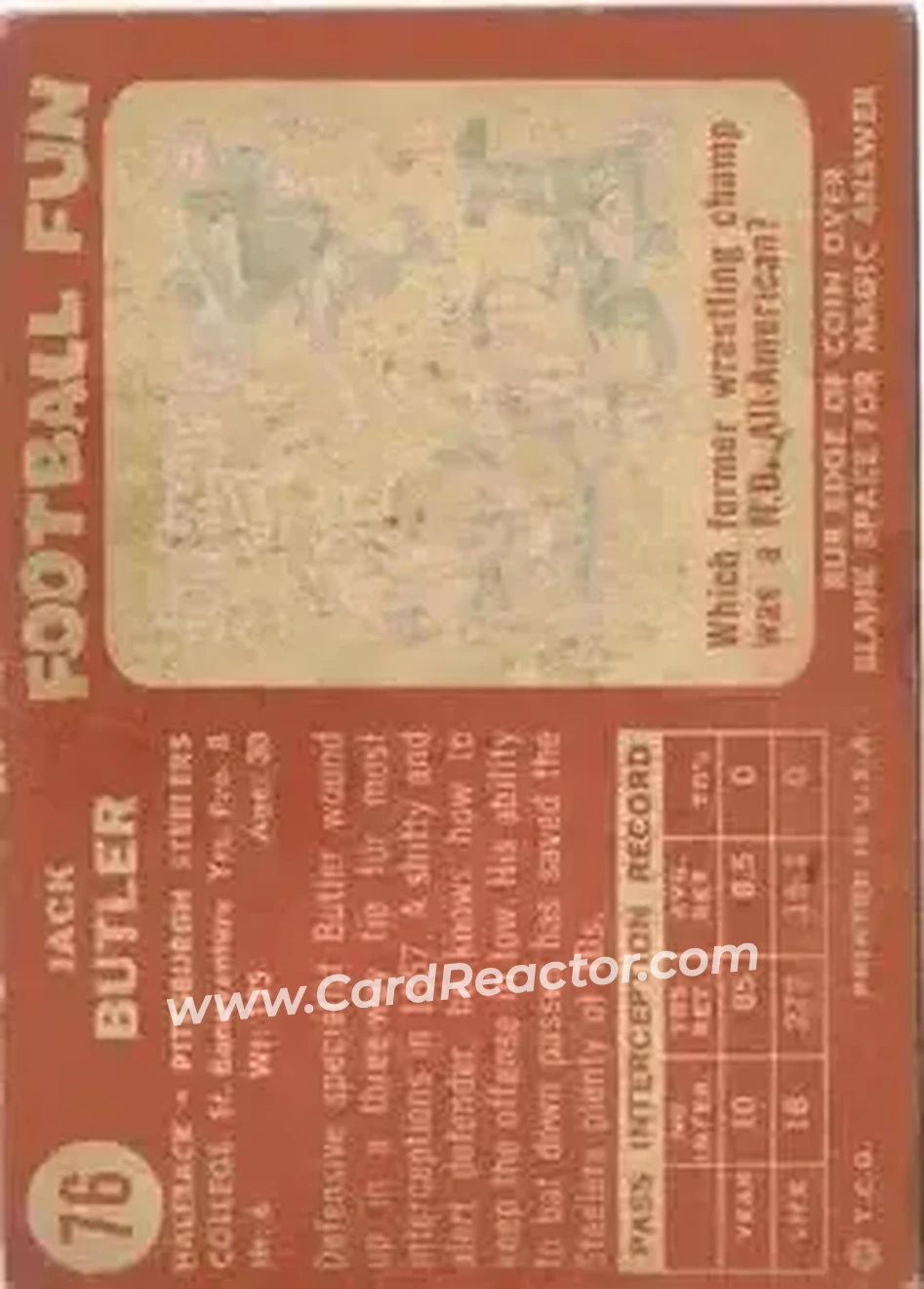 1958 Topps #76 - Jack Butler - Pittsburgh Steelers - Back