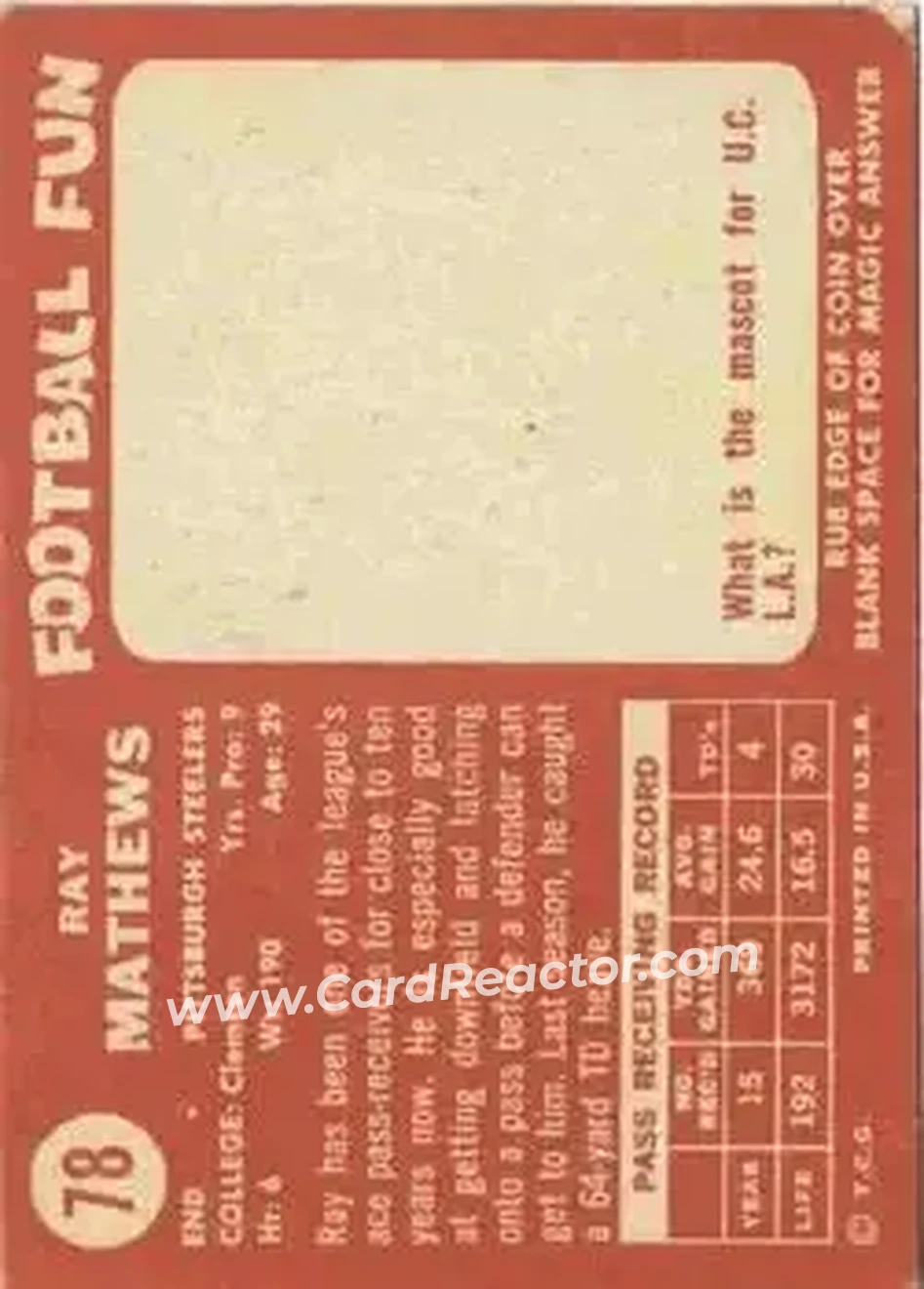 1958 Topps #78 - Ray Mathews - Pittsburgh Steelers - Back
