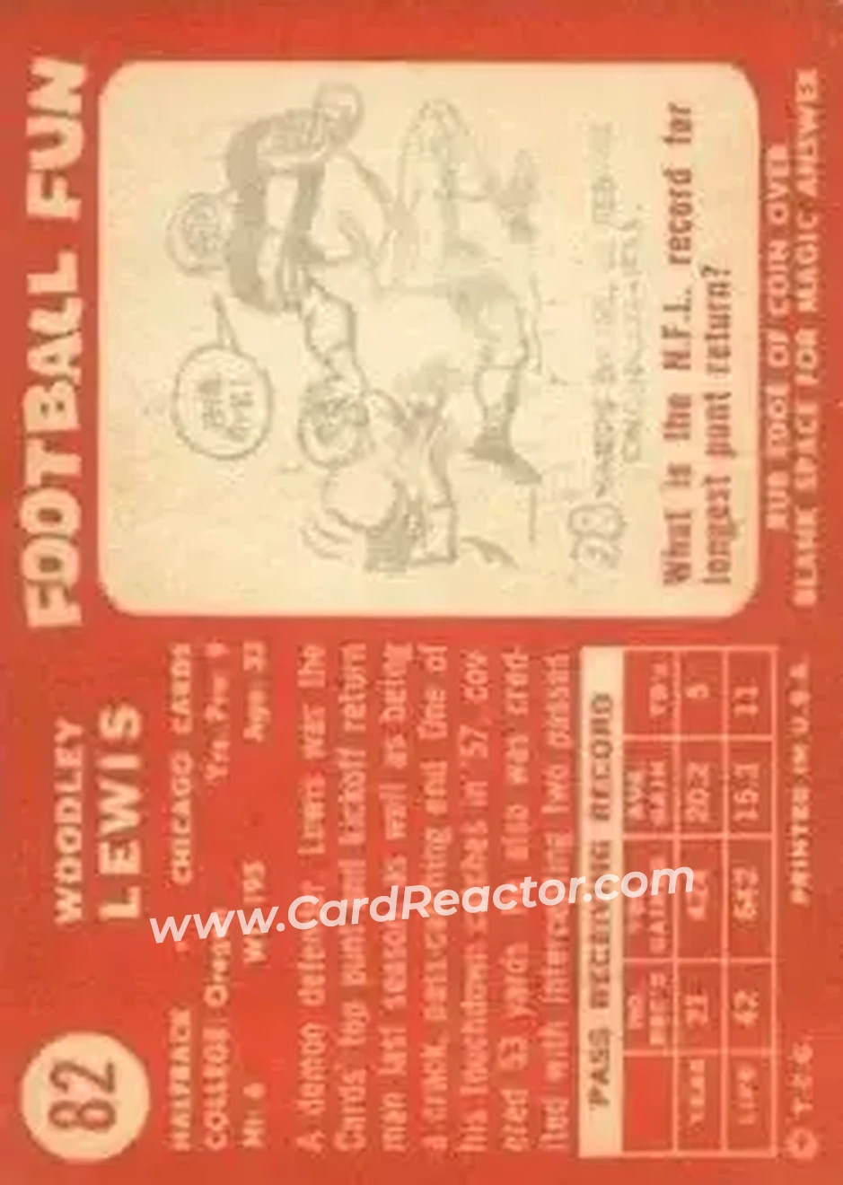 1958 Topps #82 - Woodley Lewis - Chicago Cardinals - Back